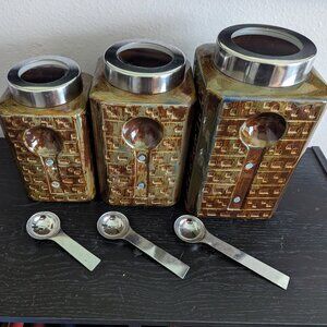 Pier One Imports Stoneware Canister Set Metal Megnet Scoops Textured